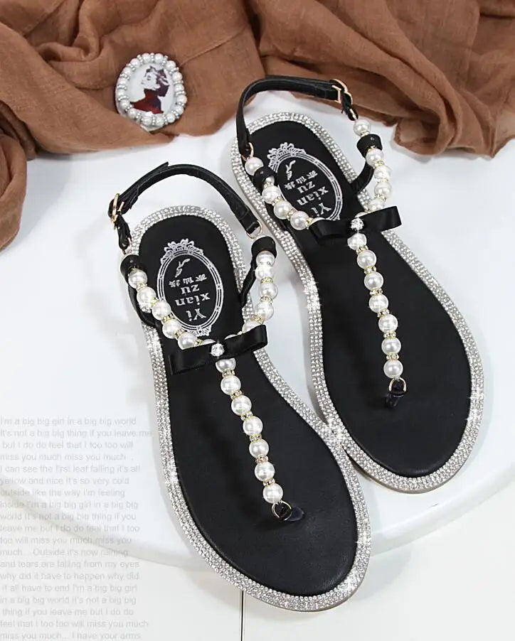 Summer Women Sandals Fashion Sandalias String Bead Flat Heels Buckle Strap Pearl Women's Shoes Casual Black Pink Modern Sandals