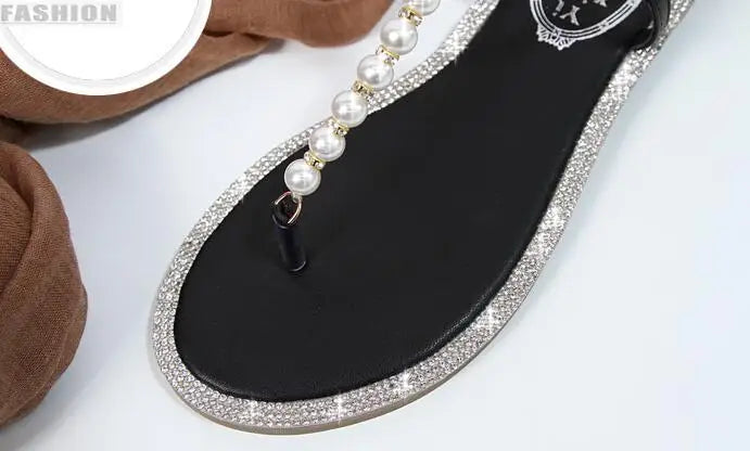 Summer Women Sandals Fashion Sandalias String Bead Flat Heels Buckle Strap Pearl Women's Shoes Casual Black Pink Modern Sandals