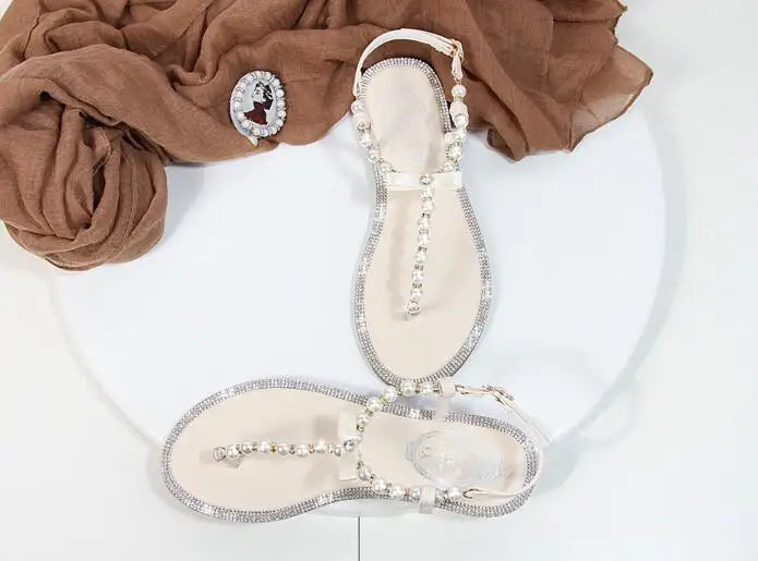 Summer Women Sandals Fashion Sandalias String Bead Flat Heels Buckle Strap Pearl Women's Shoes Casual Black Pink Modern Sandals