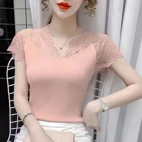 Pulovers T Shirt Plain Sexy V-Neck Women's T-shirt Summer Fashion Clothes Tops Korean Knitting Short Sleeve Aesthetic Casual