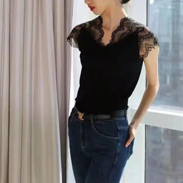 Pulovers T Shirt Plain Sexy V-Neck Women's T-shirt Summer Fashion Clothes Tops Korean Knitting Short Sleeve Aesthetic Casual