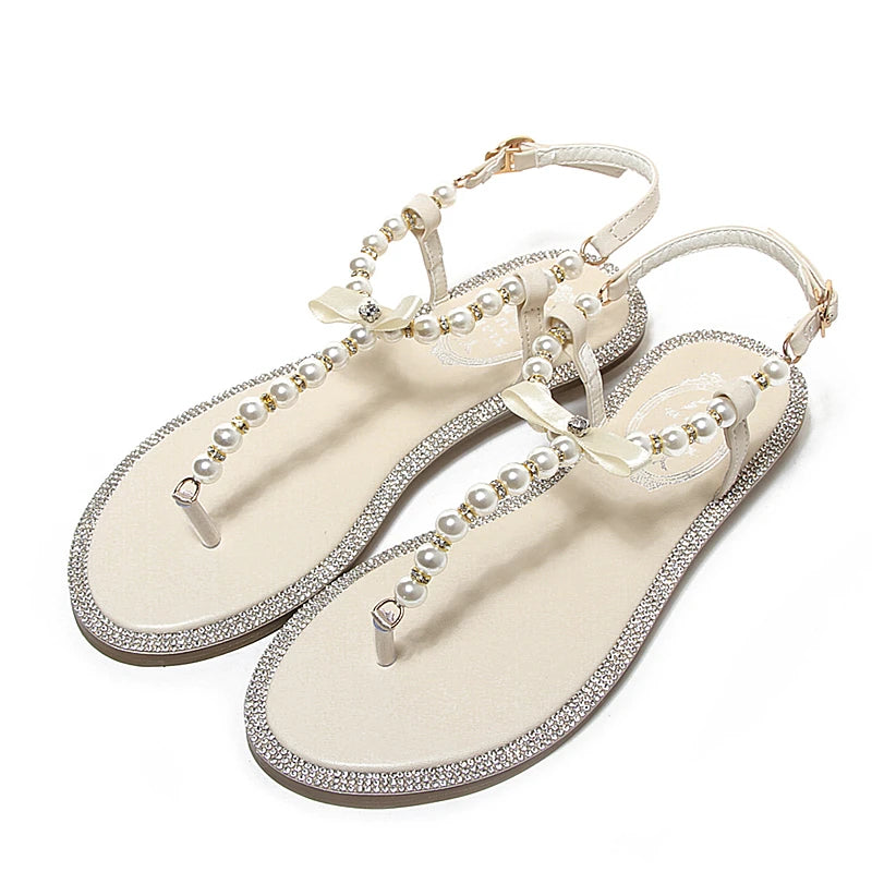 Summer Women Sandals Fashion Sandalias String Bead Flat Heels Buckle Strap Pearl Women's Shoes Casual Black Pink Modern Sandals