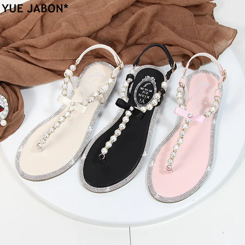 Summer Women Sandals Fashion Sandalias String Bead Flat Heels Buckle Strap Pearl Women's Shoes Casual Black Pink Modern Sandals