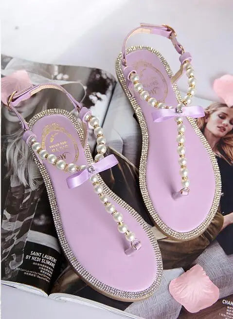 Summer Women Sandals Fashion Sandalias String Bead Flat Heels Buckle Strap Pearl Women's Shoes Casual Black Pink Modern Sandals