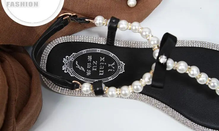 Summer Women Sandals Fashion Sandalias String Bead Flat Heels Buckle Strap Pearl Women's Shoes Casual Black Pink Modern Sandals