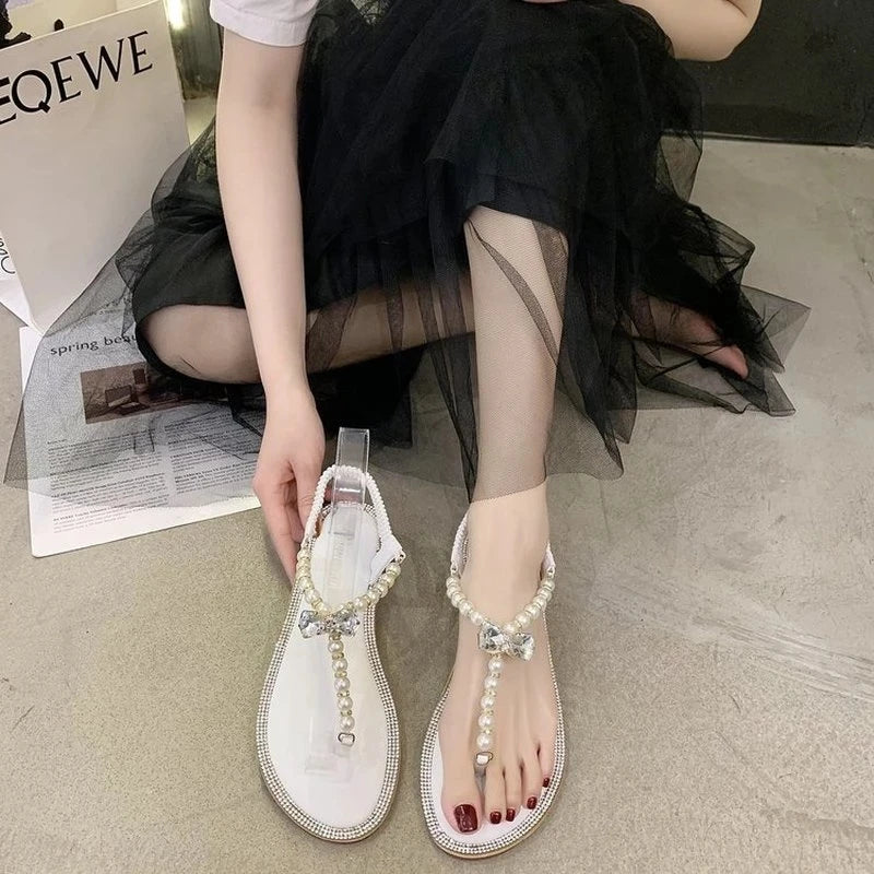 Summer Women Sandals Fashion Sandalias String Bead Flat Heels Buckle Strap Pearl Women's Shoes Casual Black Pink Modern Sandals