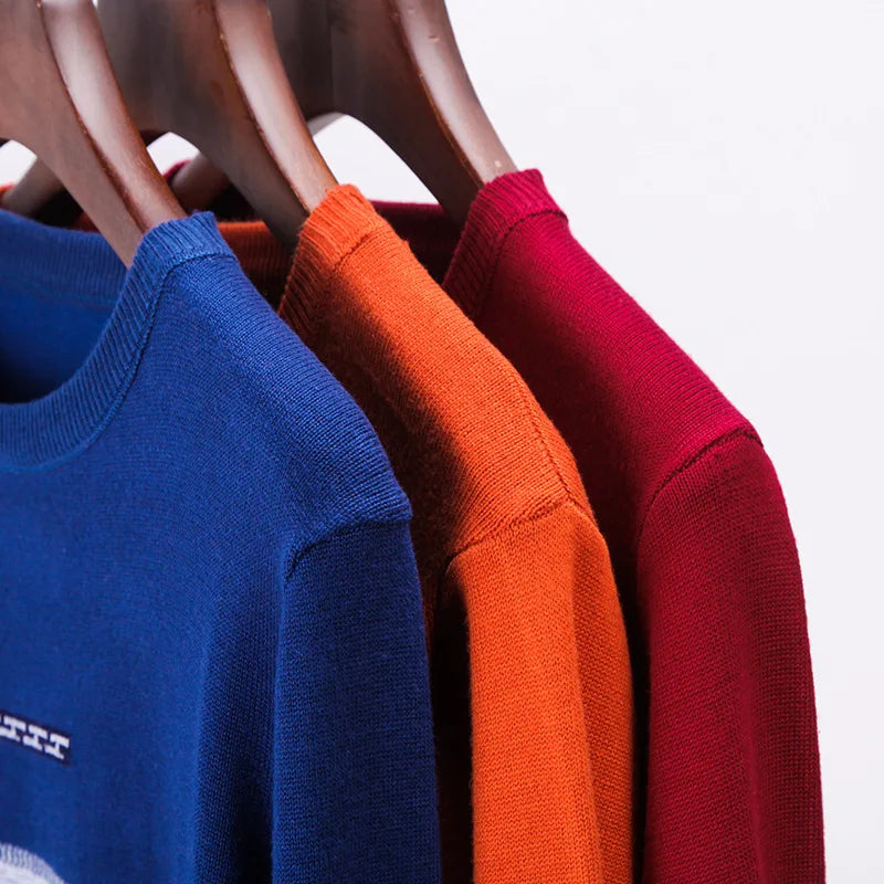 2024 Autumn Winter Pullover Men Round Collar Striped  Cotton Sweaters Slim Fit Pull Homme Knitwear