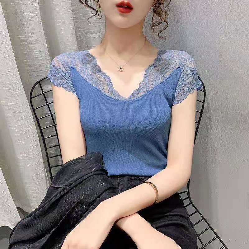 Pulovers T Shirt Plain Sexy V-Neck Women's T-shirt Summer Fashion Clothes Tops Korean Knitting Short Sleeve Aesthetic Casual