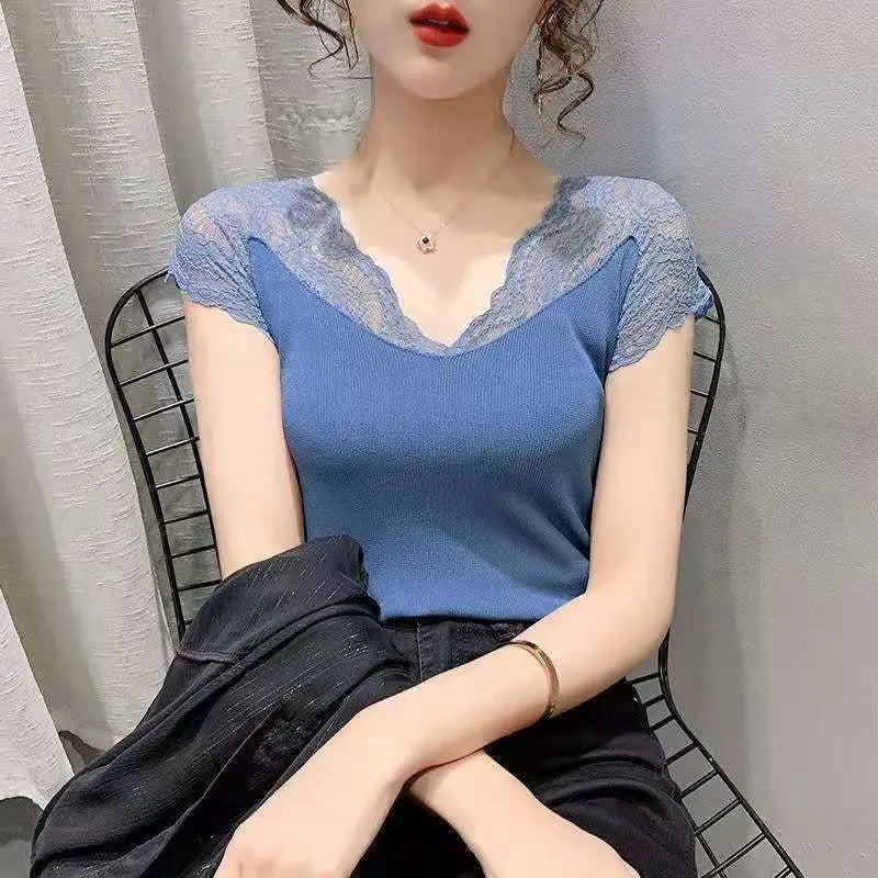 Pulovers T Shirt Plain Sexy V-Neck Women's T-shirt Summer Fashion Clothes Tops Korean Knitting Short Sleeve Aesthetic Casual