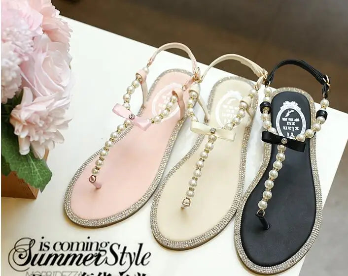 Summer Women Sandals Fashion Sandalias String Bead Flat Heels Buckle Strap Pearl Women's Shoes Casual Black Pink Modern Sandals