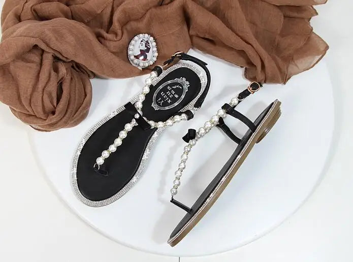 Summer Women Sandals Fashion Sandalias String Bead Flat Heels Buckle Strap Pearl Women's Shoes Casual Black Pink Modern Sandals