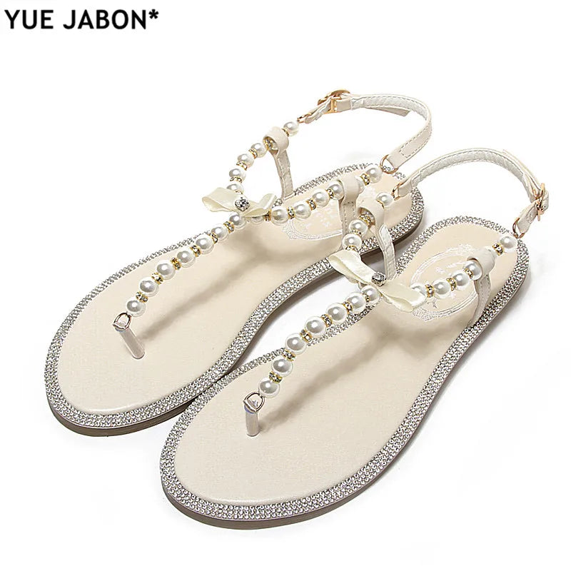 Summer Women Sandals Fashion Sandalias String Bead Flat Heels Buckle Strap Pearl Women's Shoes Casual Black Pink Modern Sandals