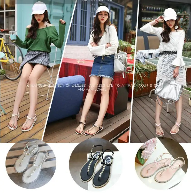 Summer Women Sandals Fashion Sandalias String Bead Flat Heels Buckle Strap Pearl Women's Shoes Casual Black Pink Modern Sandals