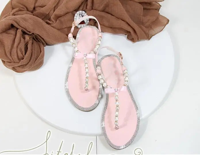 Summer Women Sandals Fashion Sandalias String Bead Flat Heels Buckle Strap Pearl Women's Shoes Casual Black Pink Modern Sandals