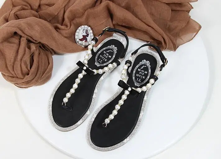 Summer Women Sandals Fashion Sandalias String Bead Flat Heels Buckle Strap Pearl Women's Shoes Casual Black Pink Modern Sandals