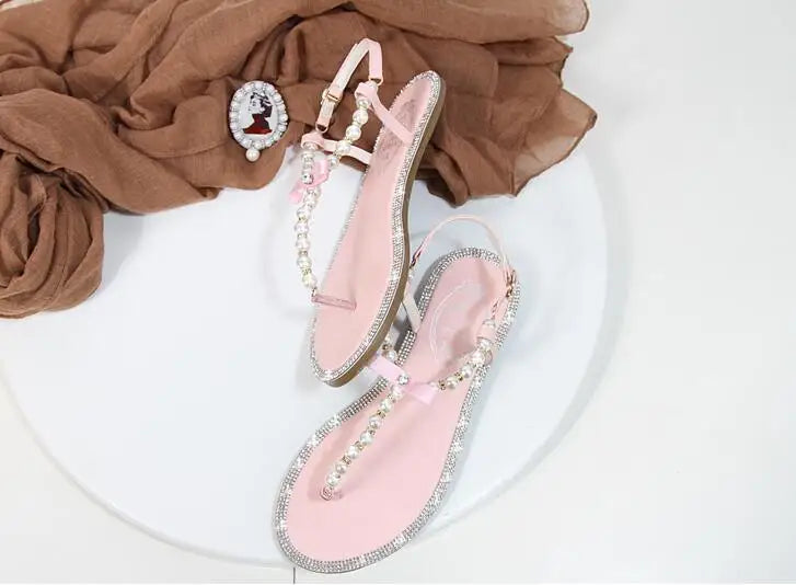 Summer Women Sandals Fashion Sandalias String Bead Flat Heels Buckle Strap Pearl Women's Shoes Casual Black Pink Modern Sandals