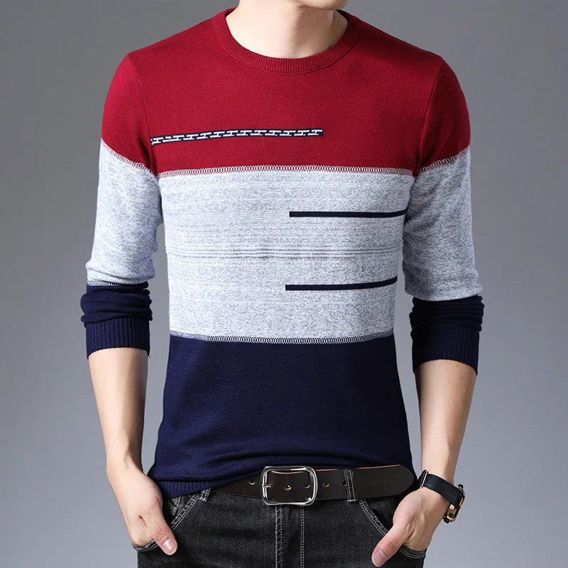 2024 Autumn Winter Pullover Men Round Collar Striped  Cotton Sweaters Slim Fit Pull Homme Knitwear