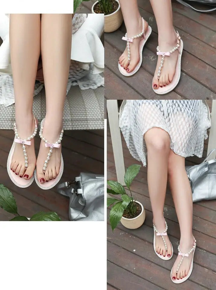 Summer Women Sandals Fashion Sandalias String Bead Flat Heels Buckle Strap Pearl Women's Shoes Casual Black Pink Modern Sandals
