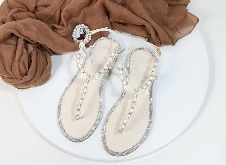 Summer Women Sandals Fashion Sandalias String Bead Flat Heels Buckle Strap Pearl Women's Shoes Casual Black Pink Modern Sandals