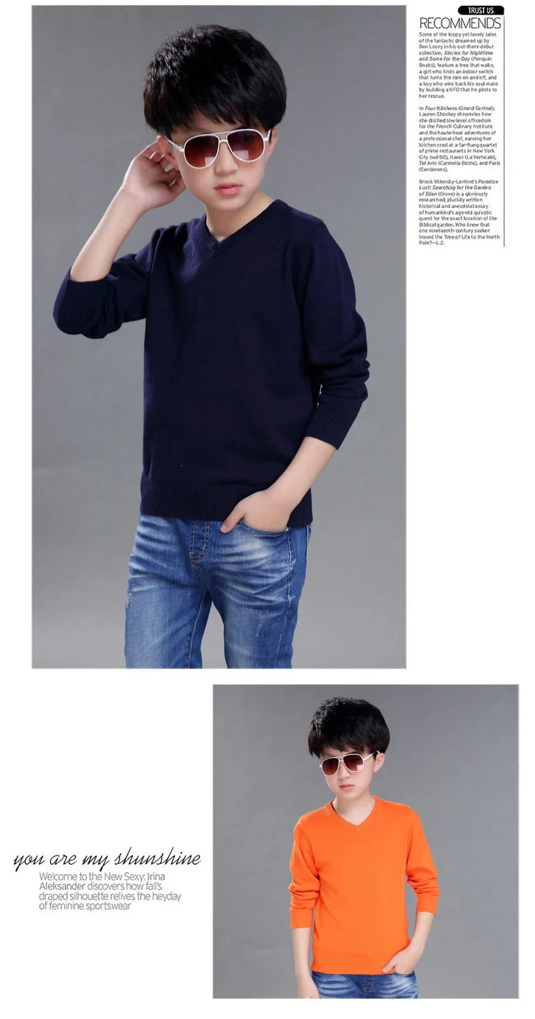 Spring New Boys Sweater Kids Sweater teenager pullovers knitted Sweaters Autumn Winter V-Neck pure Color 4 5 6 7 8 9 10 14years