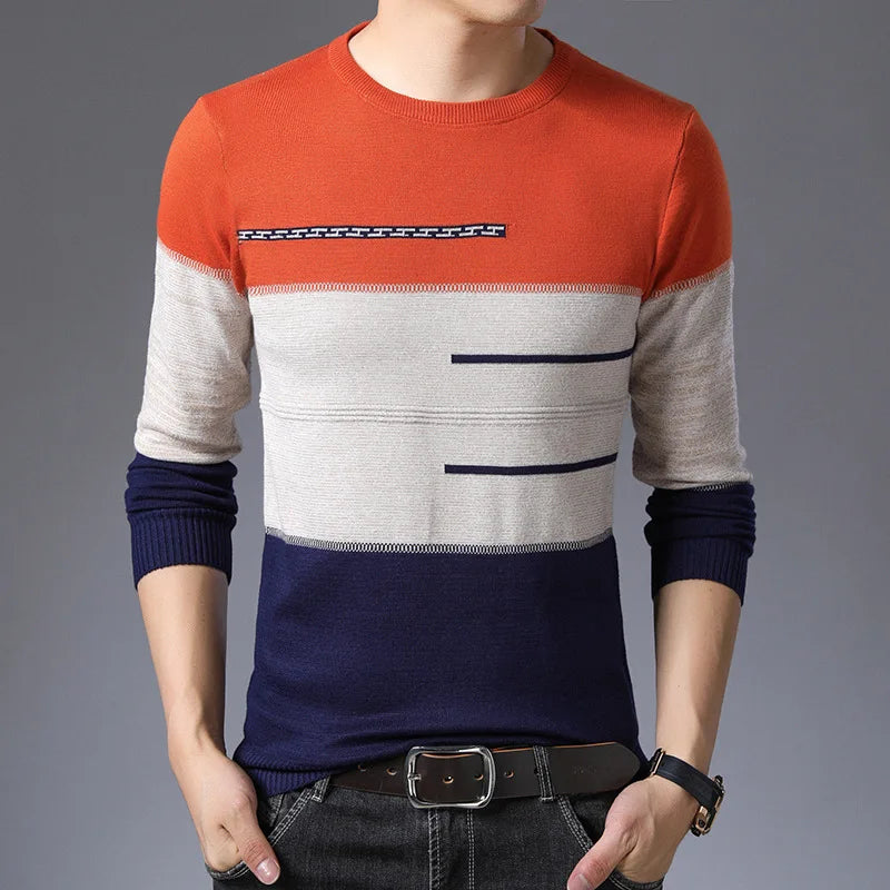 2024 Autumn Winter Pullover Men Round Collar Striped  Cotton Sweaters Slim Fit Pull Homme Knitwear