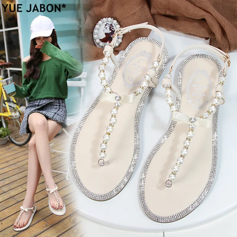 Summer Women Sandals Fashion Sandalias String Bead Flat Heels Buckle Strap Pearl Women's Shoes Casual Black Pink Modern Sandals
