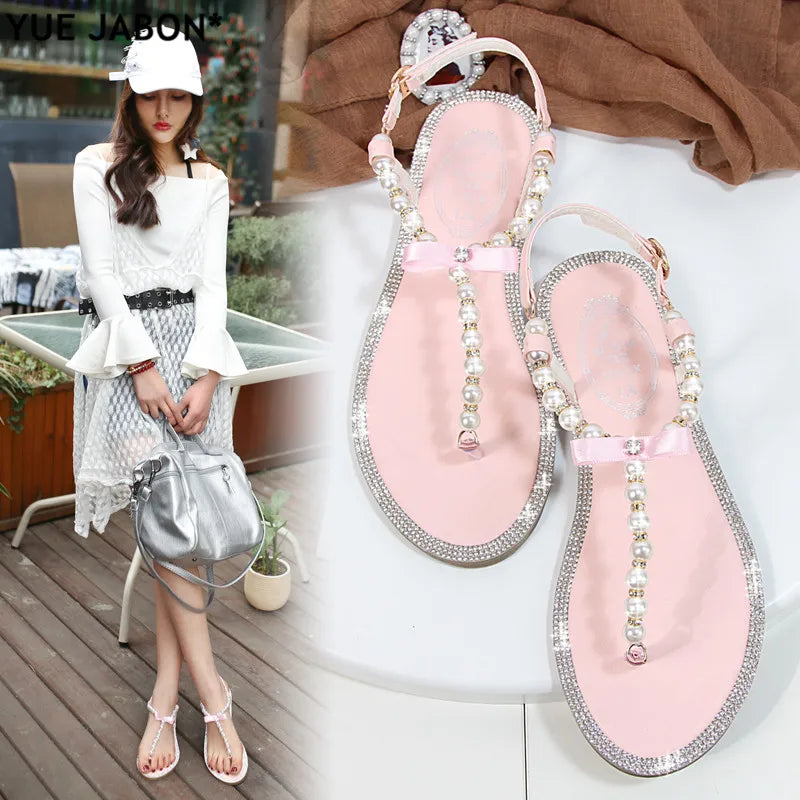 Summer Women Sandals Fashion Sandalias String Bead Flat Heels Buckle Strap Pearl Women's Shoes Casual Black Pink Modern Sandals