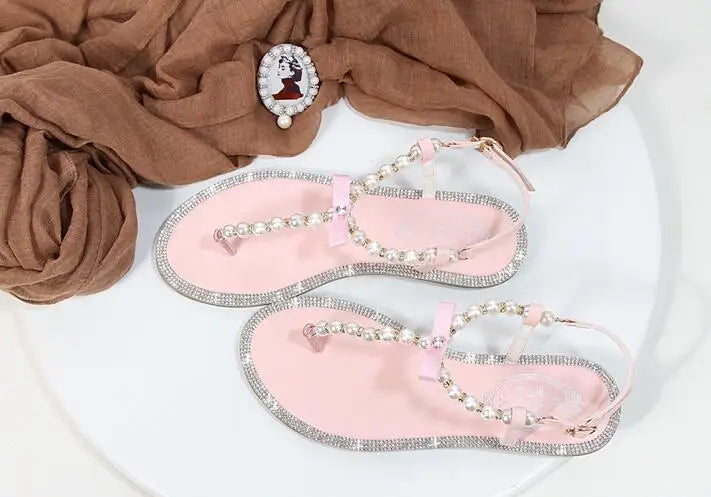 Summer Women Sandals Fashion Sandalias String Bead Flat Heels Buckle Strap Pearl Women's Shoes Casual Black Pink Modern Sandals