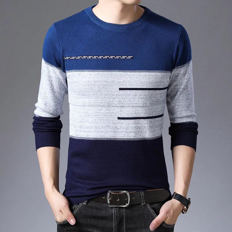 2024 Autumn Winter Pullover Men Round Collar Striped  Cotton Sweaters Slim Fit Pull Homme Knitwear