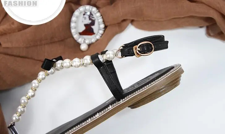 Summer Women Sandals Fashion Sandalias String Bead Flat Heels Buckle Strap Pearl Women's Shoes Casual Black Pink Modern Sandals