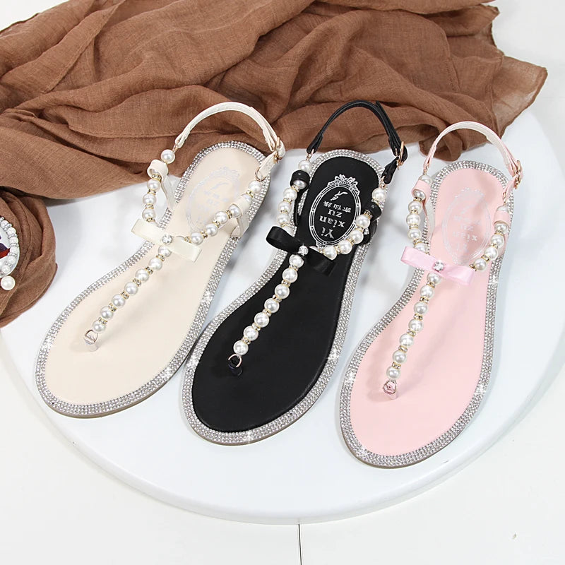 Summer Women Sandals Fashion Sandalias String Bead Flat Heels Buckle Strap Pearl Women's Shoes Casual Black Pink Modern Sandals