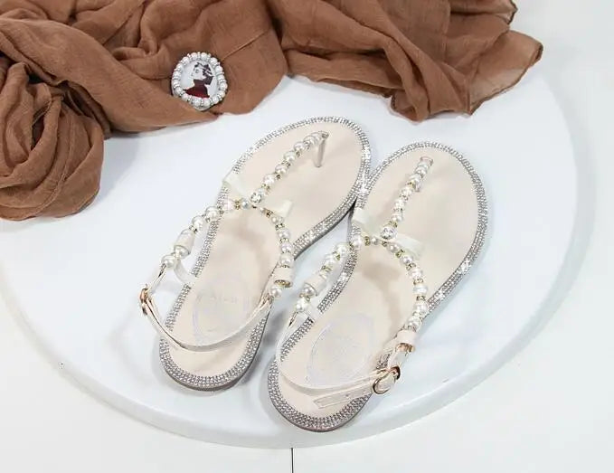 Summer Women Sandals Fashion Sandalias String Bead Flat Heels Buckle Strap Pearl Women's Shoes Casual Black Pink Modern Sandals