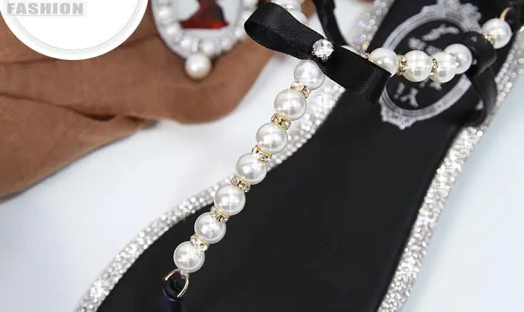 Summer Women Sandals Fashion Sandalias String Bead Flat Heels Buckle Strap Pearl Women's Shoes Casual Black Pink Modern Sandals