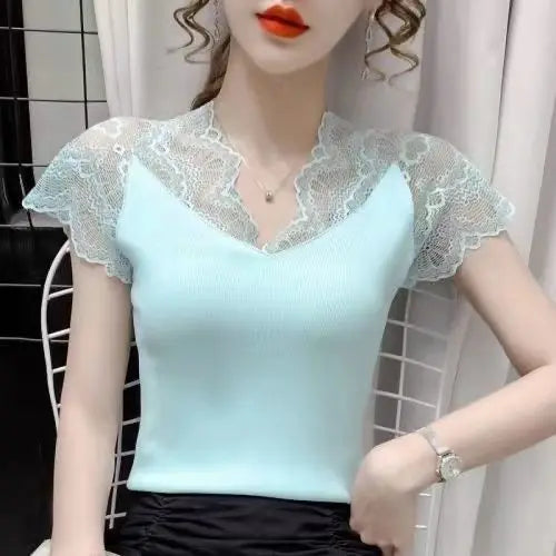 Pulovers T Shirt Plain Sexy V-Neck Women's T-shirt Summer Fashion Clothes Tops Korean Knitting Short Sleeve Aesthetic Casual