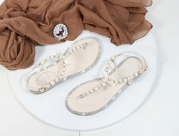 Summer Women Sandals Fashion Sandalias String Bead Flat Heels Buckle Strap Pearl Women's Shoes Casual Black Pink Modern Sandals