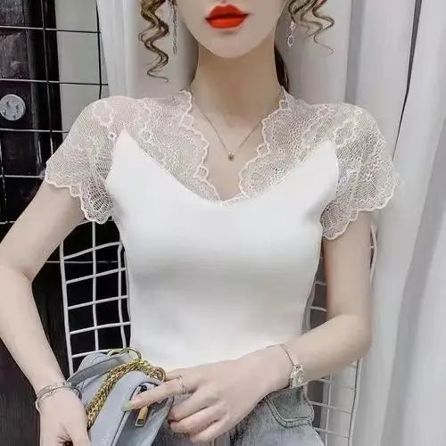 Pulovers T Shirt Plain Sexy V-Neck Women's T-shirt Summer Fashion Clothes Tops Korean Knitting Short Sleeve Aesthetic Casual