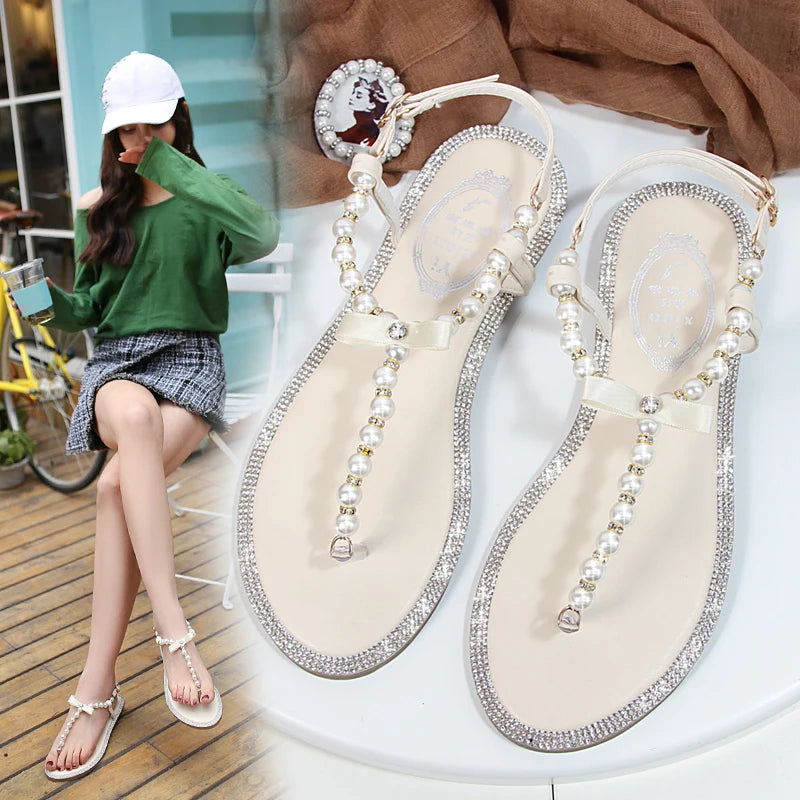 Summer Women Sandals Fashion Sandalias String Bead Flat Heels Buckle Strap Pearl Women's Shoes Casual Black Pink Modern Sandals