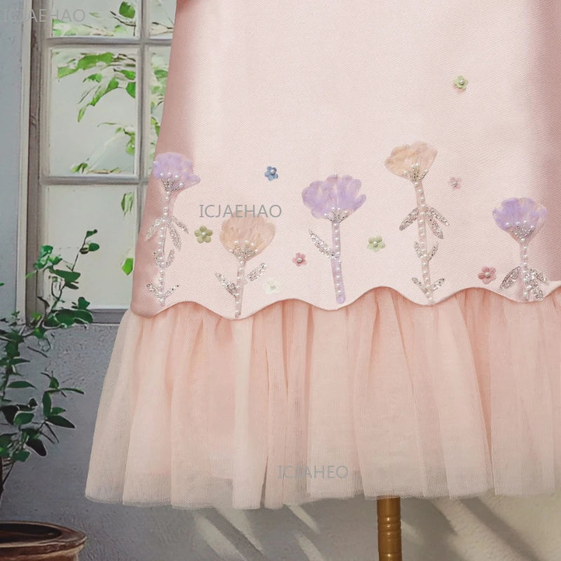 Festive Dress for Girl Baby Dresses for Eid Flowers Birthday Party Clothes Princess Formal Celebration Shawl Pink Skirt Costumes