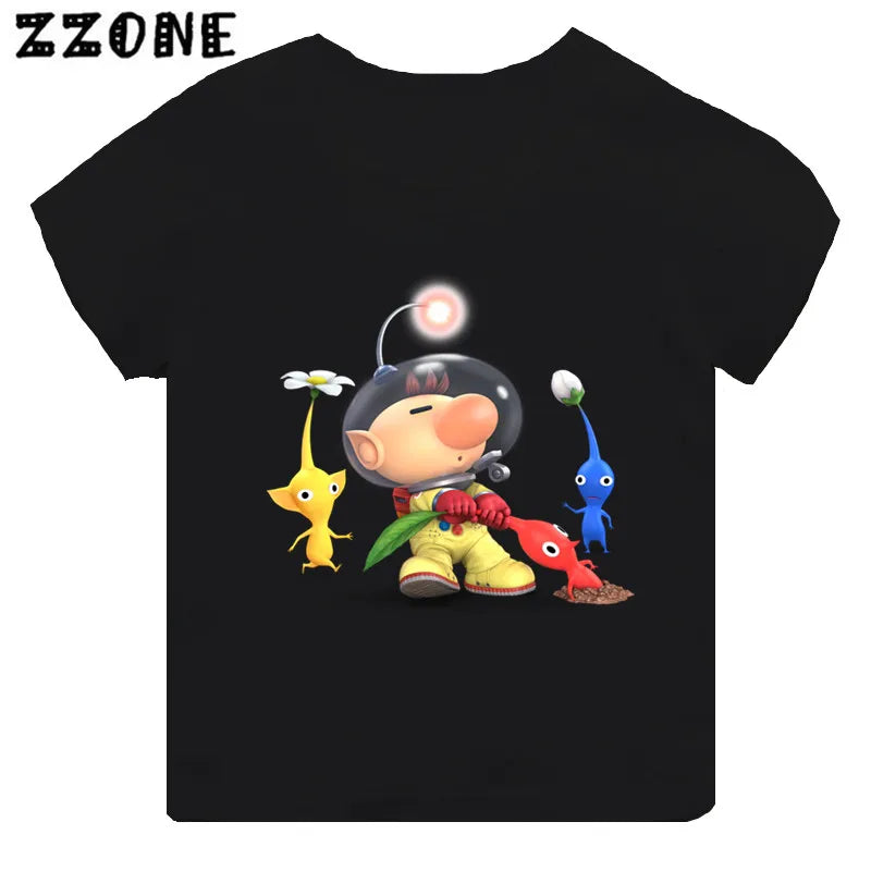 Hot Sale Video Game Pikmin 4 Print Cartoon Kids T-shirt Girls Clothes Baby Boys Black Short Sleeve T shirt Children Tops,TH5868