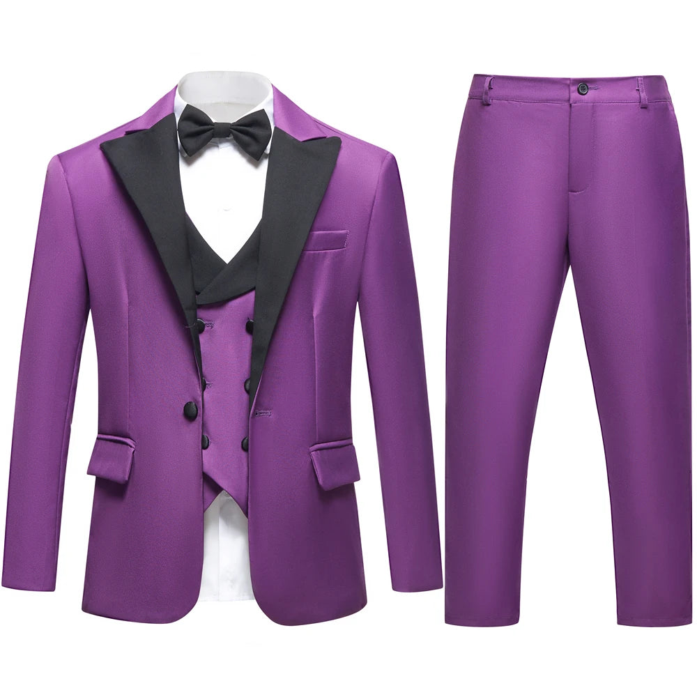 Vintage 4-Piece Suit Set for Boys 3-14 Years, Black Peak Laple Kids Formal Tuxedo Set, Blazer Vest Pants Bow-tie Graduation Suit