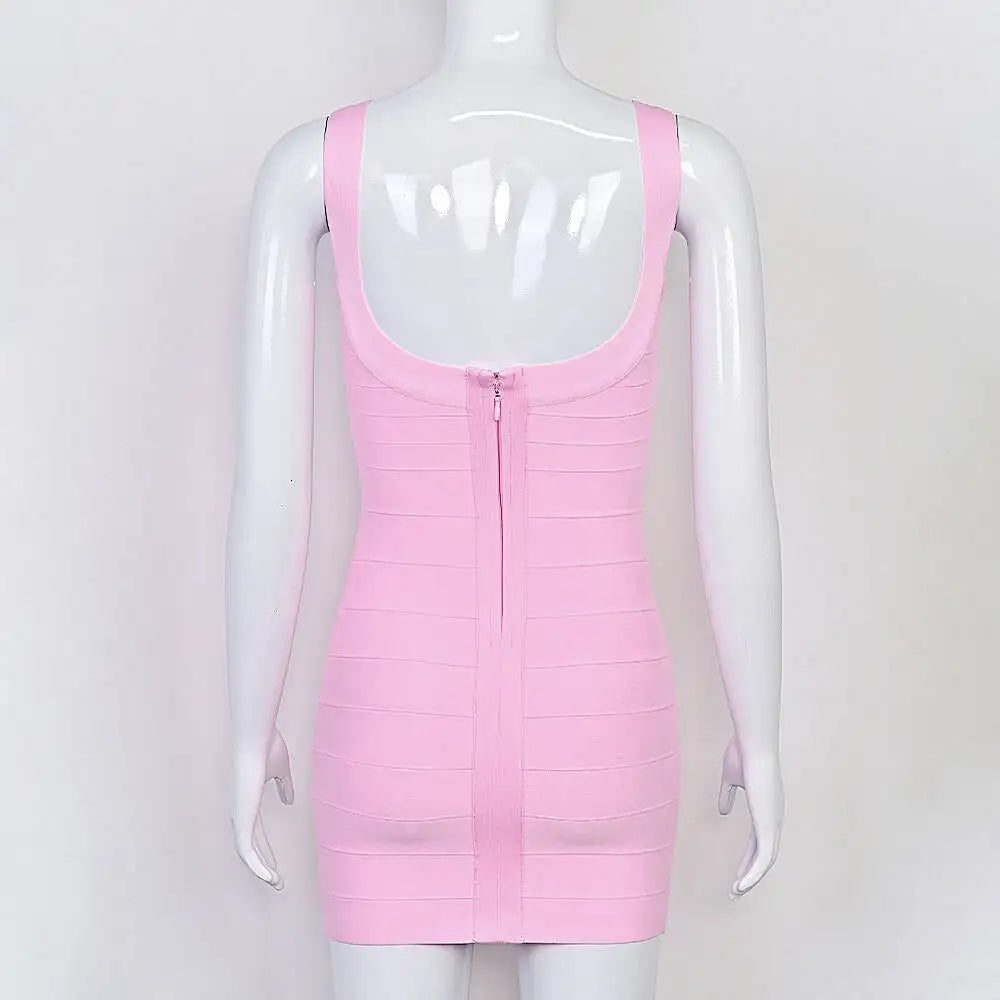 BEAUKEY New Trendy Pink Ginger Bandage Mini Party Dress Women Quality Sexy Bustier Backless Bodycon Dress Club Birthday Dress