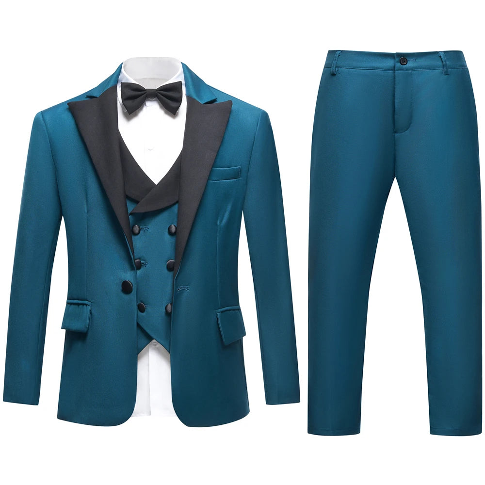 Vintage 4-Piece Suit Set for Boys 3-14 Years, Black Peak Laple Kids Formal Tuxedo Set, Blazer Vest Pants Bow-tie Graduation Suit