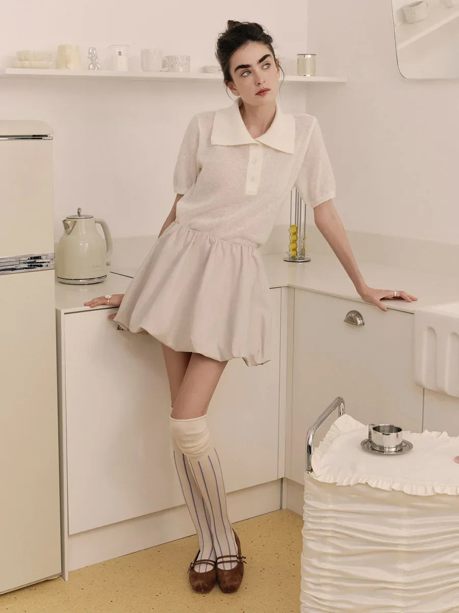 Casual Short Sleeve Knit Pullover For Women Lapel Patchwork See-Through Solid Commute Hollow Out Knitwear Sweater Pullover