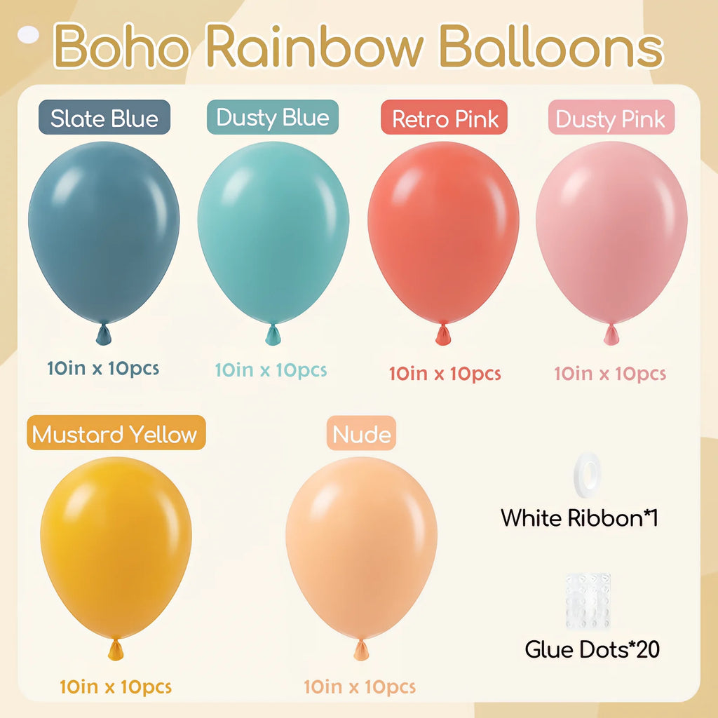 60pcs Boho Rainbow Balloons 10inch with Dusty Blue Mustard Yellow Pink Nude Balloons for Baby Shower Birthday Party Decor