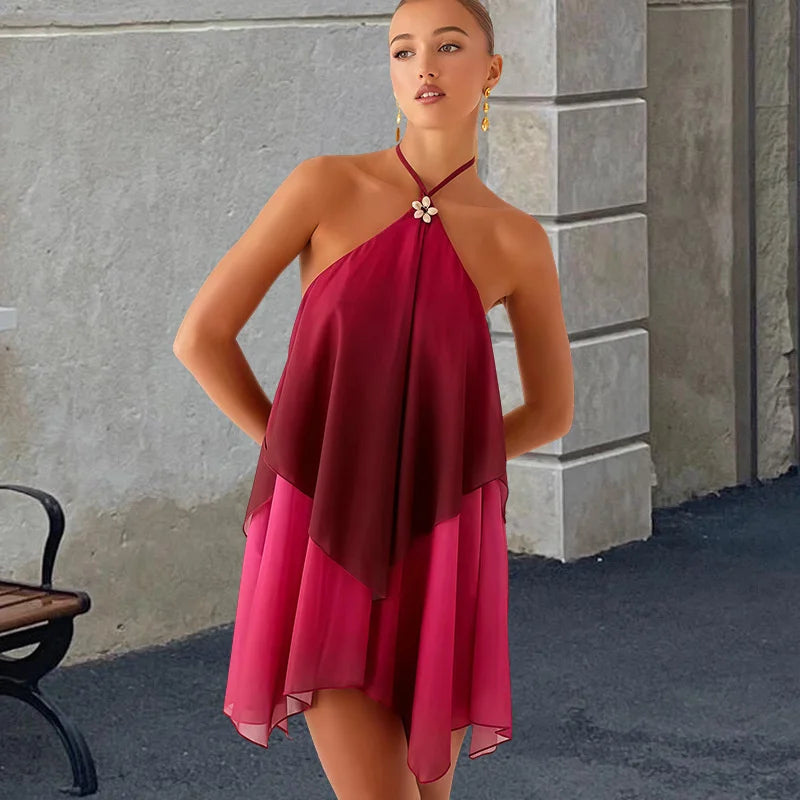 Mozision Gradient Halter Backless Sexy Mini Dress Women Gown Elegant Mesh Zipper Off-shoulder Sleeveless Club Party Dresses