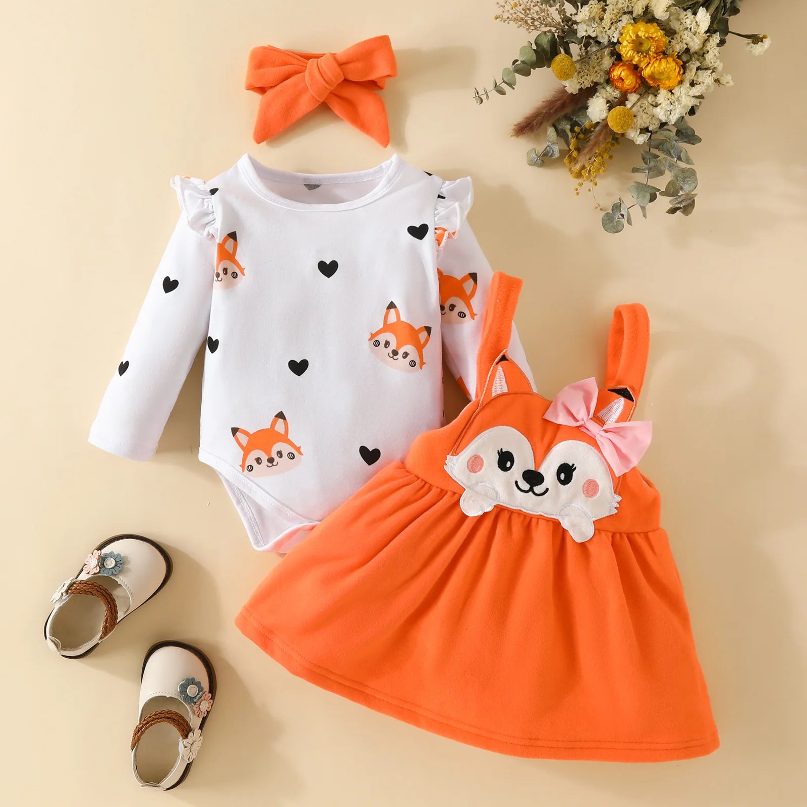 Prowow Cute Fox Baby Dresses For Girls Heart Print Romper+Suspender Fox Dress For Girls Fall Winter Newborn Baby Girl Clothes