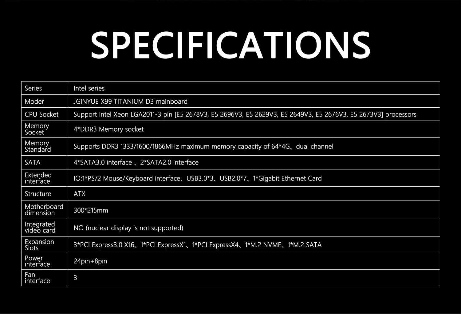 JGINYUE ATX X99 mainboard Intel LGA 2011-3 E5 V3 V4 DDR3 1333 1600MHz RAM M.2 NVME SATA USB 3.0 Server MB X99 TITANIUM D3