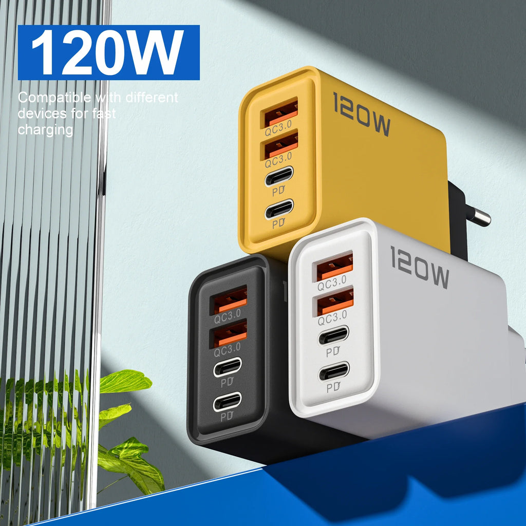 4 Ports 120W Charger USB C PD Quick Charge 3.0 Type C USB Phone Chargers Super Fast Charging Adapter For iPhone Samsung Xiaomi