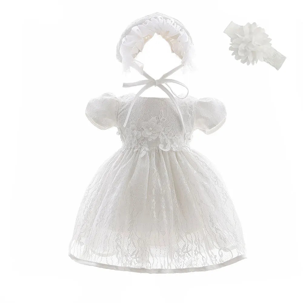 White Lace Baby Dresses + Hat For Christening 0 To 12 24 Months First Birthday Toddler Girl Clothes Infant One-piece Gown