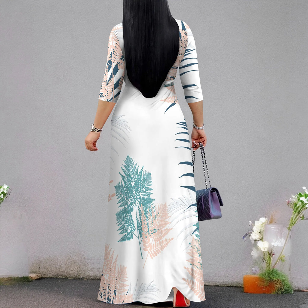 Pullover Sexy V Neck Short Sleeve Loose Long Dress for Women Fashion Printed Summer Beach Party Casual Maxi Dresses